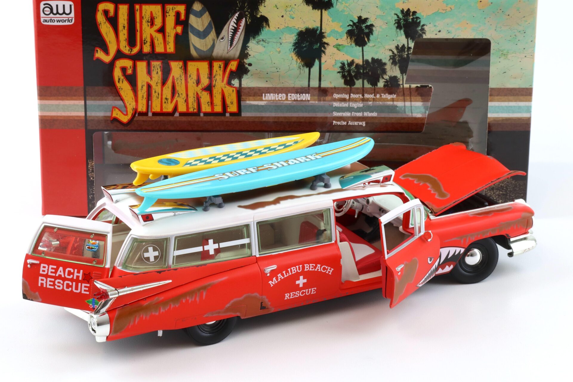 1:18 Auto World 1959 Cadillac Eldorado Ambulance SURF SHARK rusty red