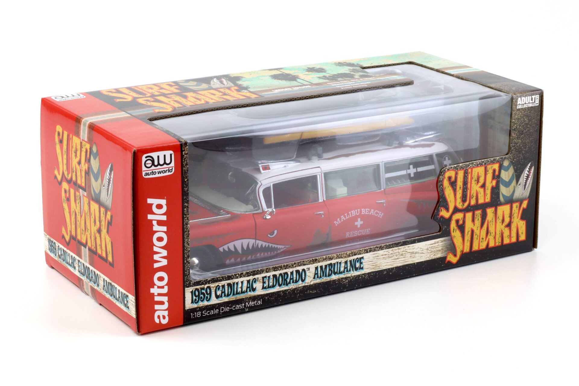 1:18 Auto World 1959 Cadillac Eldorado Ambulance SURF SHARK rusty red