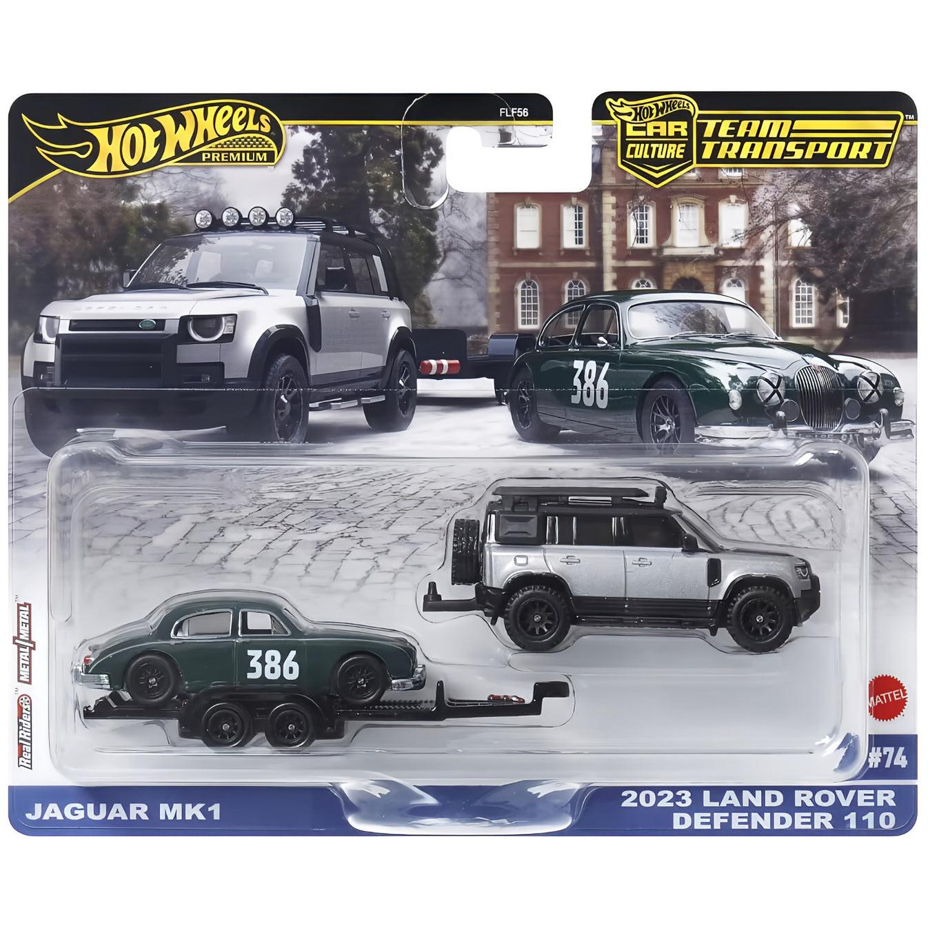 1:64 Hot Wheels Premium 2024 Team Transport JBM29 Jaguar MK1 + Land Rover Defender