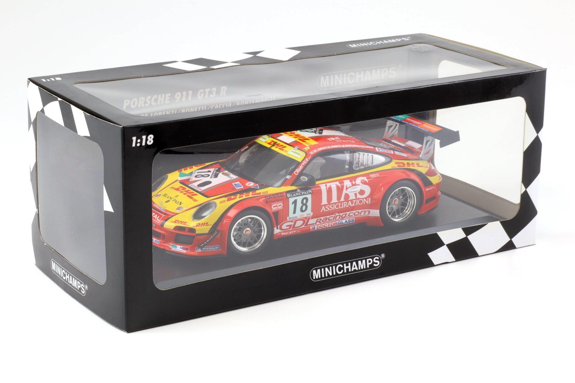 1:18 Minichamps Porsche 911 997 GT3 R De Lorenzi Racing 24h Spa 2011 DHL ITA´s #18