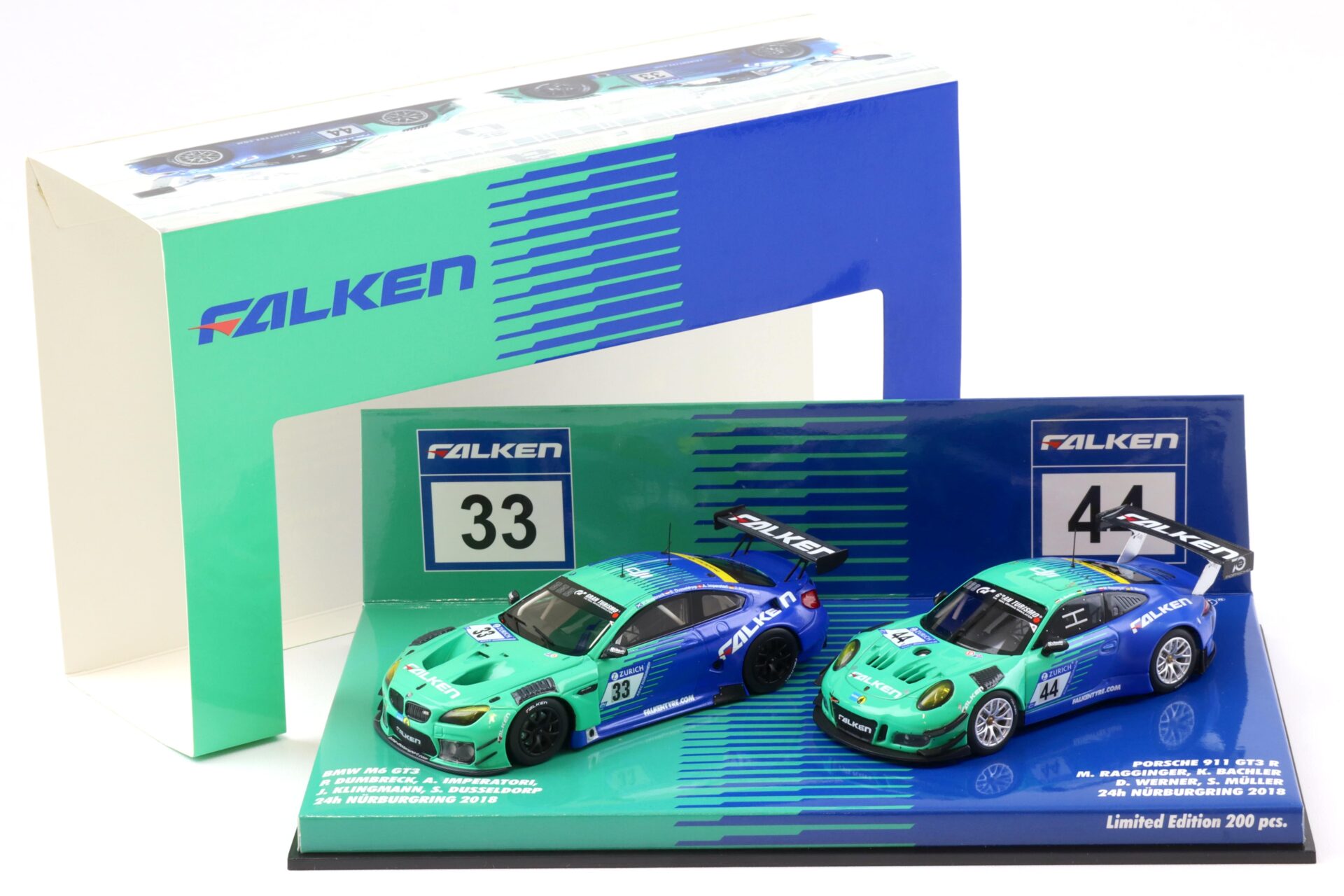 1:43 Minichamps 2-Car Set BMW M6 GT3 #33 & Porsche 911 GT3 R #44 Falken 2018 Nürburgring