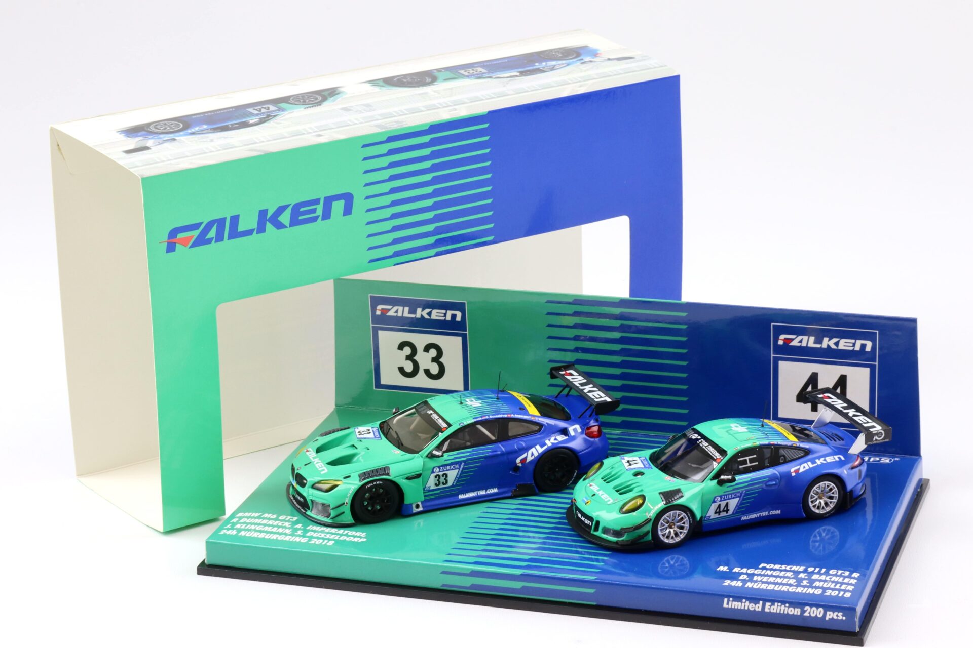 1:43 Minichamps 2-Car Set BMW M6 GT3 #33 & Porsche 911 GT3 R #44 Falken 2018 Nürburgring