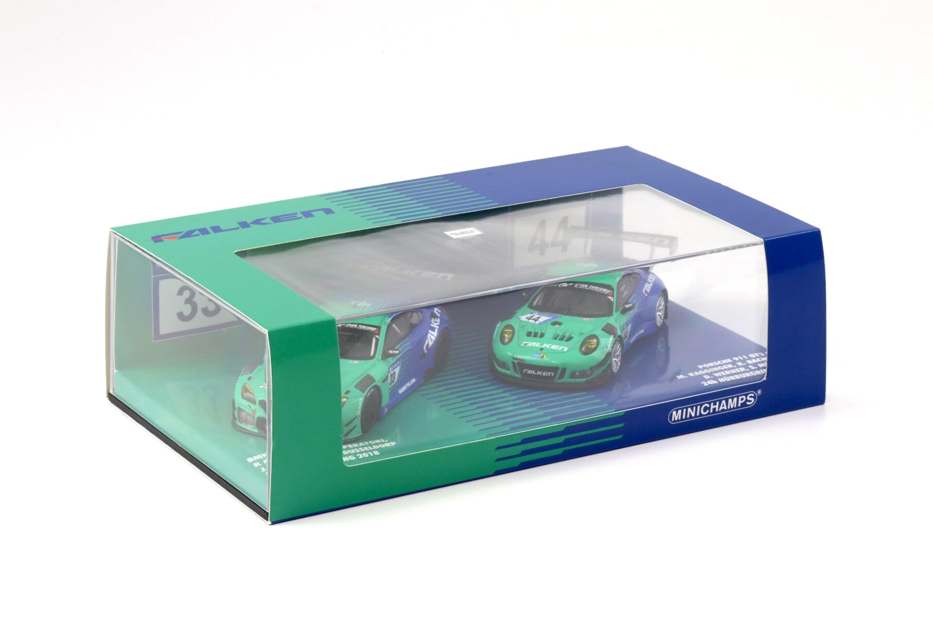 1:43 Minichamps 2-Car Set BMW M6 GT3 #33 & Porsche 911 GT3 R #44 Falken 2018 Nürburgring