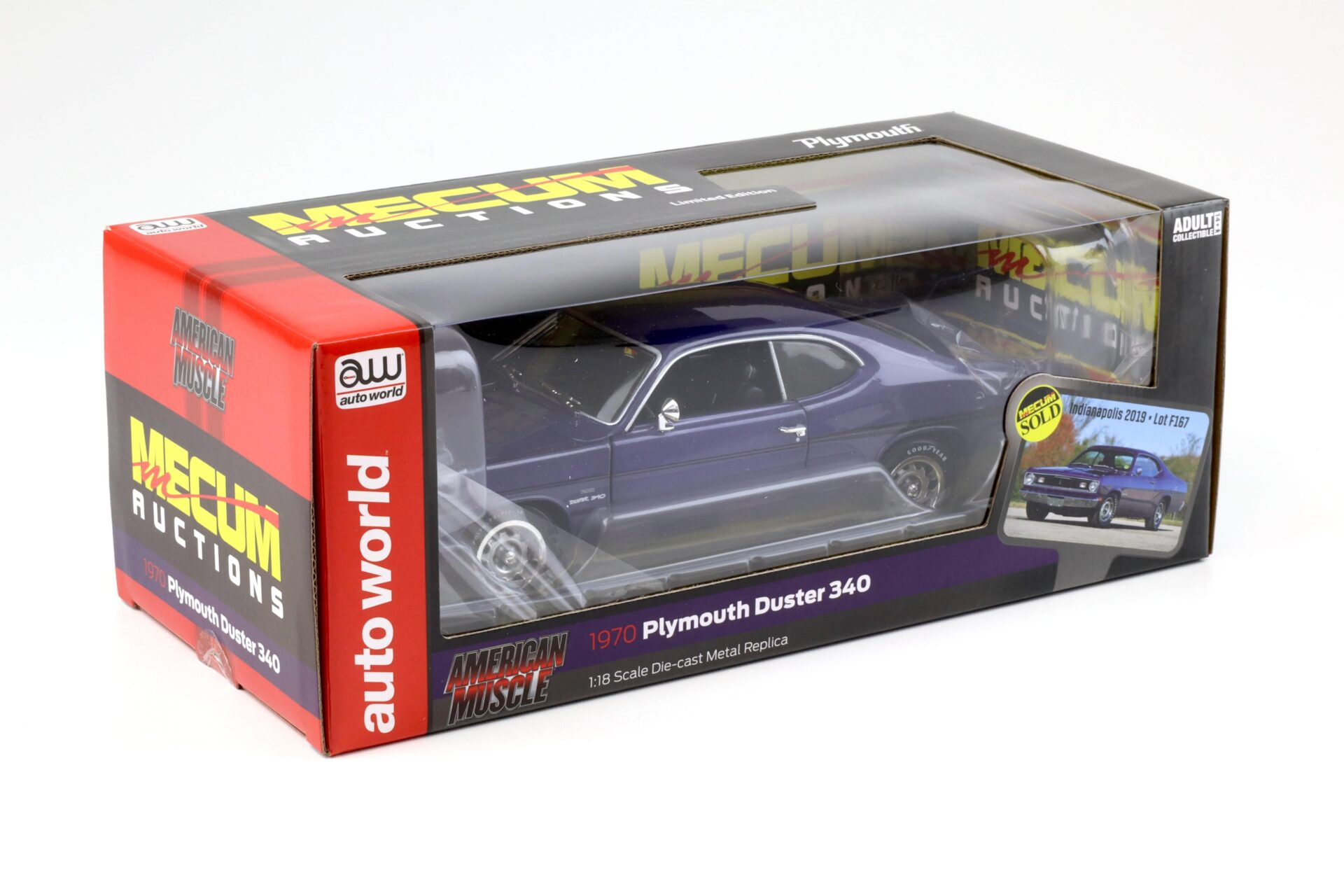 1:18 Auto World 1970 Plymouth Duster 340 Mecum Auction FC7 Inviolet