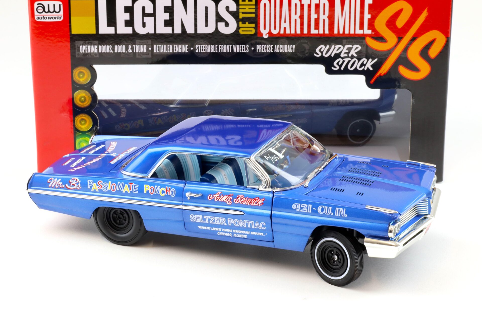 1:18 Auto World 1962 Pontiac Catalina Arnie Beswick Mr. Bs Passionate Poncho Ensign Blue