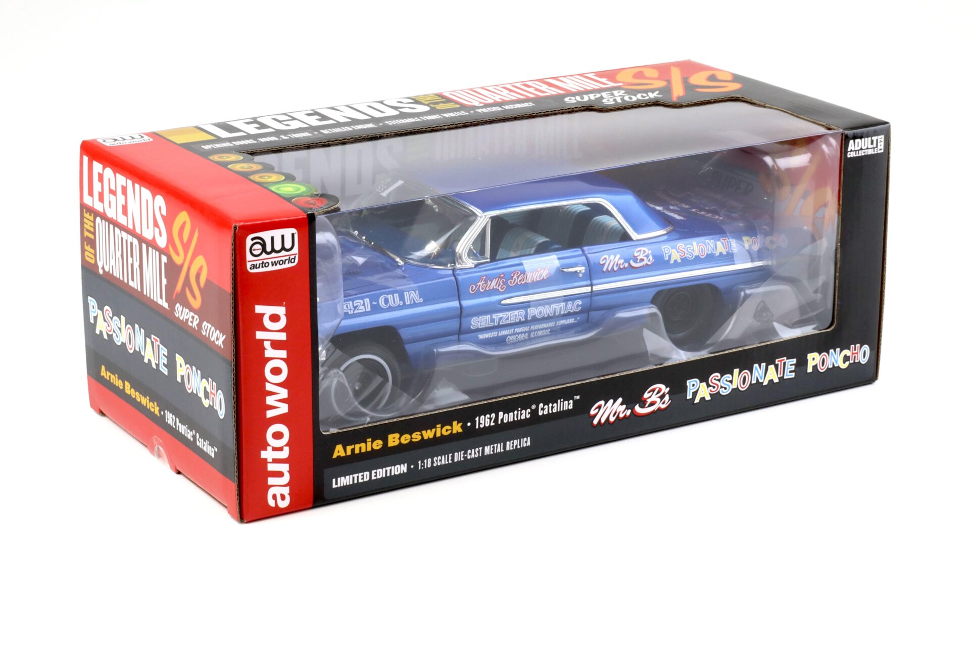 1:18 Auto World 1962 Pontiac Catalina Arnie Beswick Mr. Bs Passionate Poncho Ensign Blue