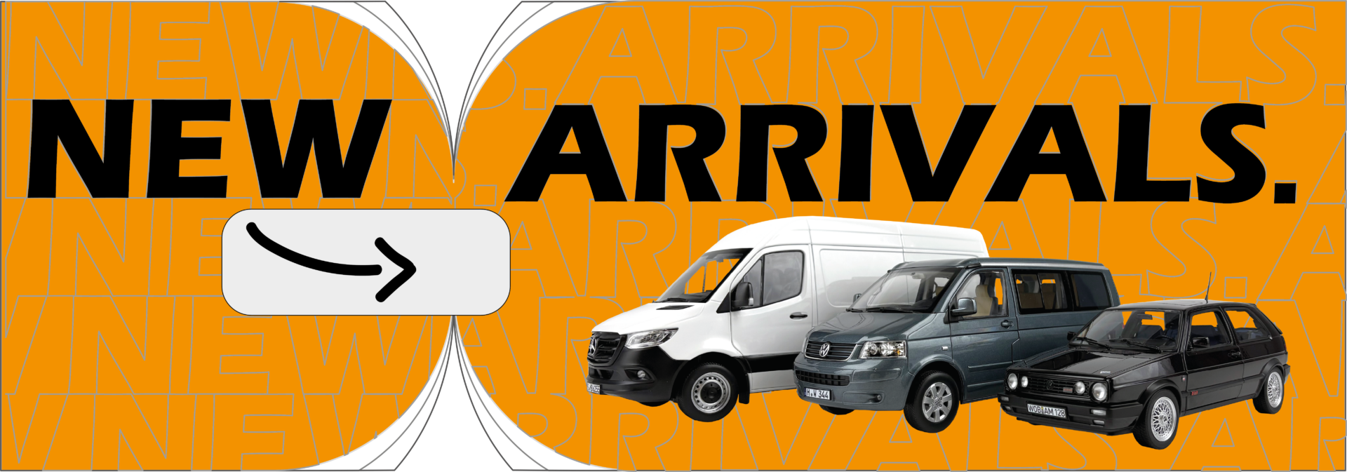 Banner New Arrivals Dezember 2025: Mercedes Sprinter, VW T5 California und VW Golf Edition One