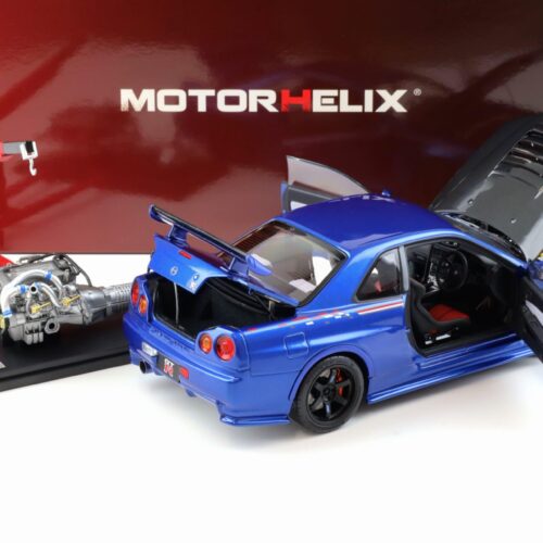 1:18 Motorhelix Nissan Skyline GT-R R34 Nismo CRS Bayside blue/ Carbon hood M83430