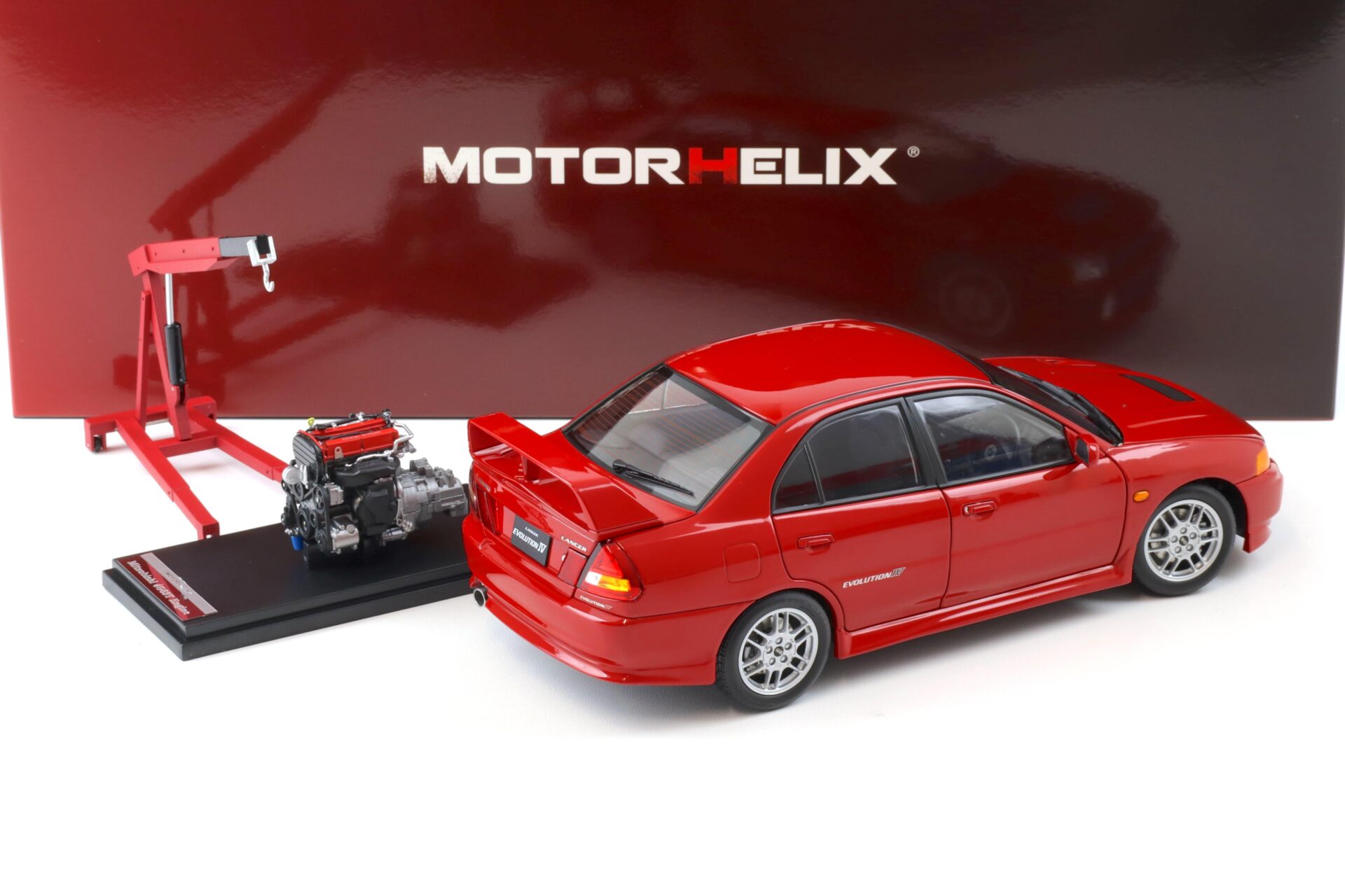 1:18 Motorhelix Mitsubishi Lancer EVO 4 IV Palma red 1999 with engine M84004