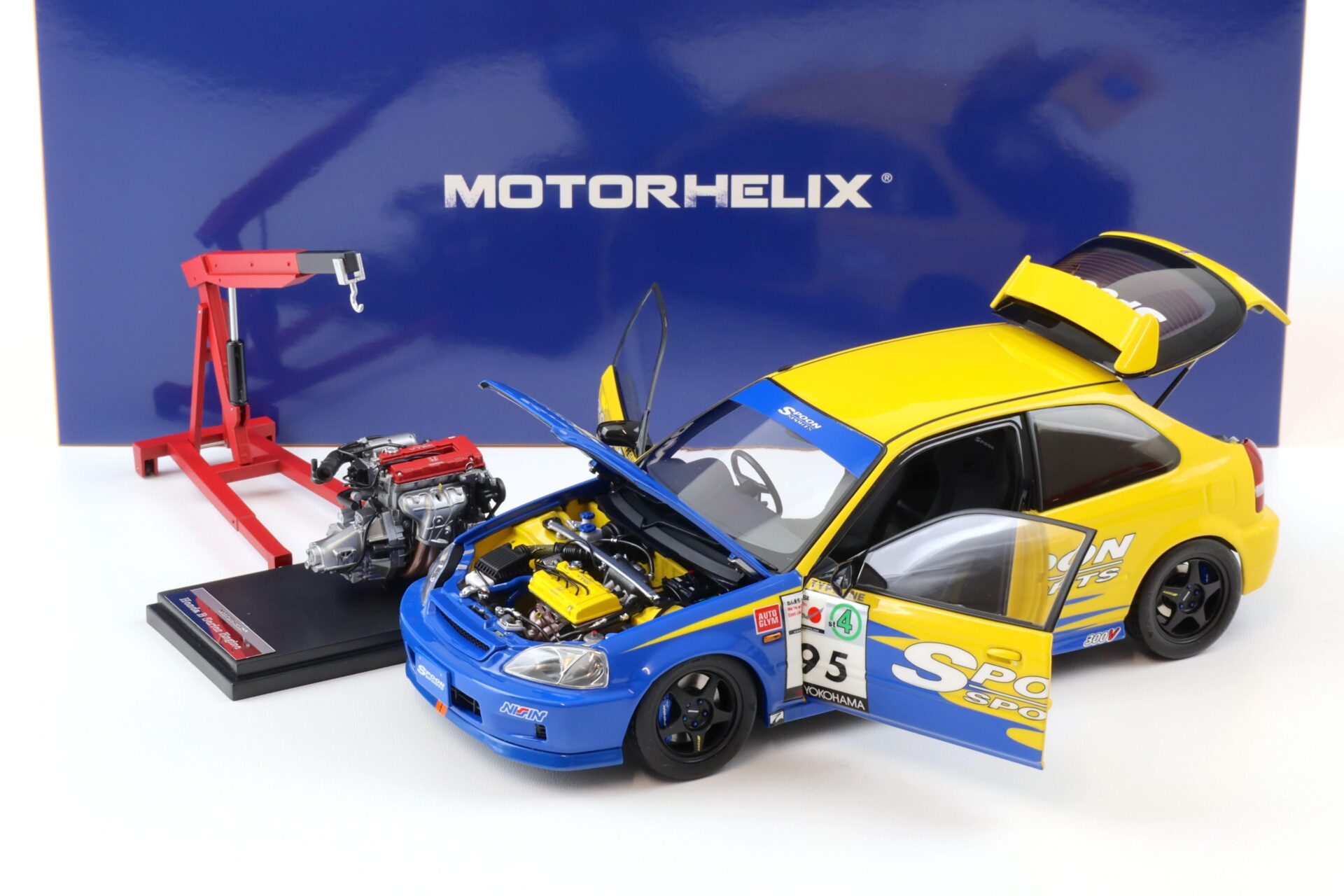 1:18 Motorhelix Honda Civic Type R (EK9) SPOON yellow/ blue livery + engine M85014