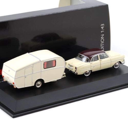 1:43 Schuco Opel Kapitän mit Dethleffs Globetrotter Wohnwagen beige/ white