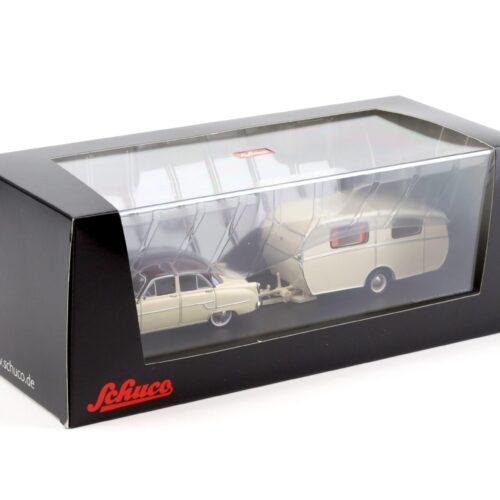 1:43 Schuco Opel Kapitän mit Dethleffs Globetrotter Wohnwagen beige/ white