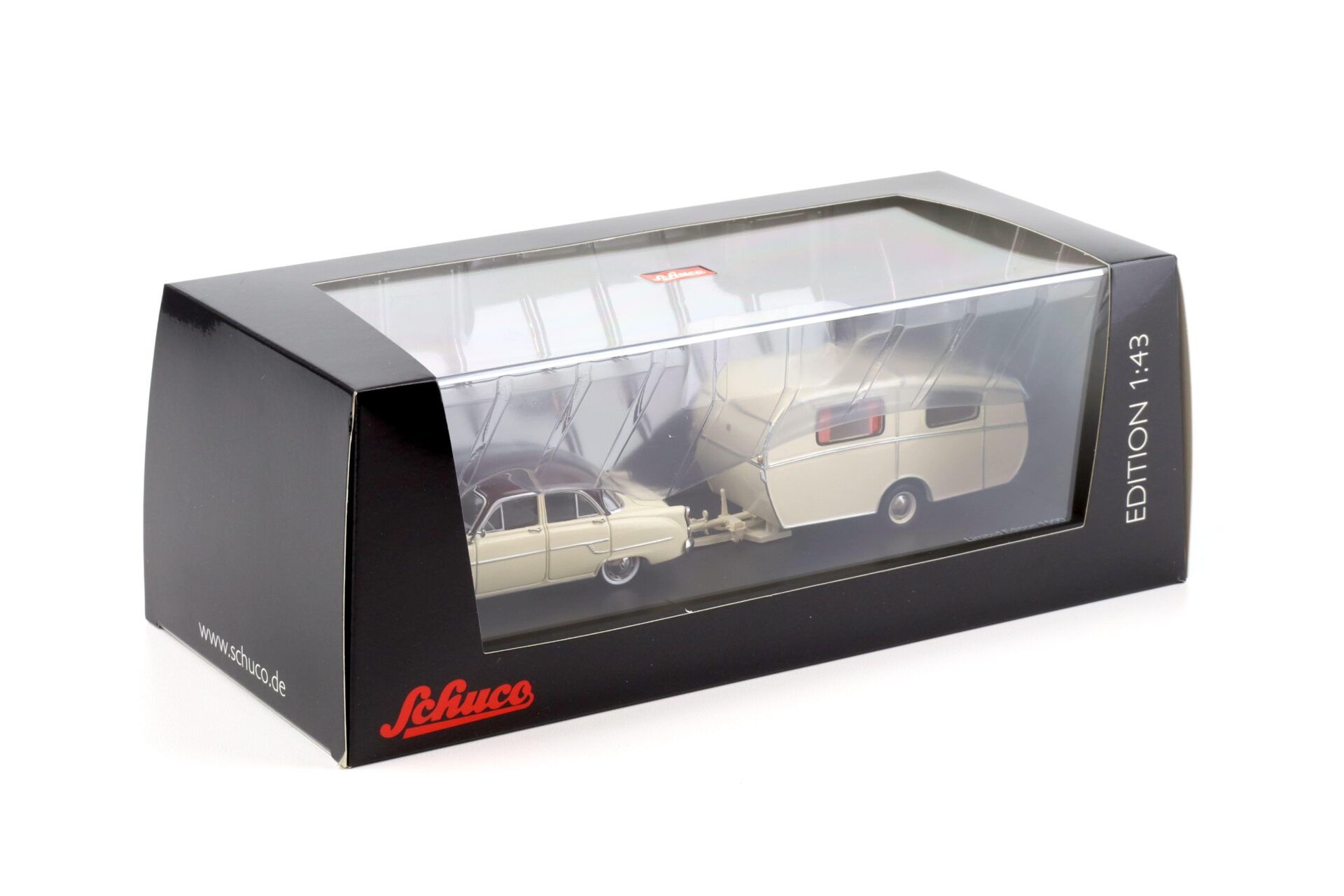 1:43 Schuco Opel Kapitän mit Dethleffs Globetrotter Wohnwagen beige/ white