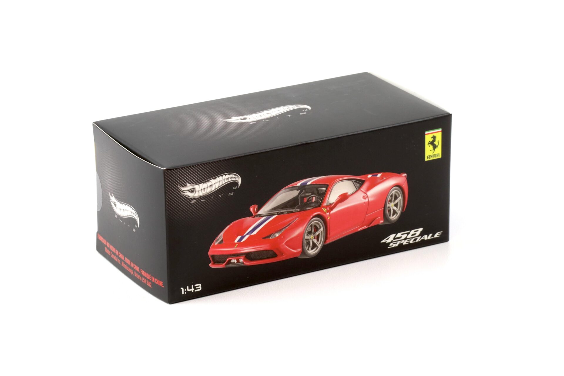 1:43 Hot Wheels Elite Ferrari 458 Speciale Coupe 2013 red with white/ blue stripe