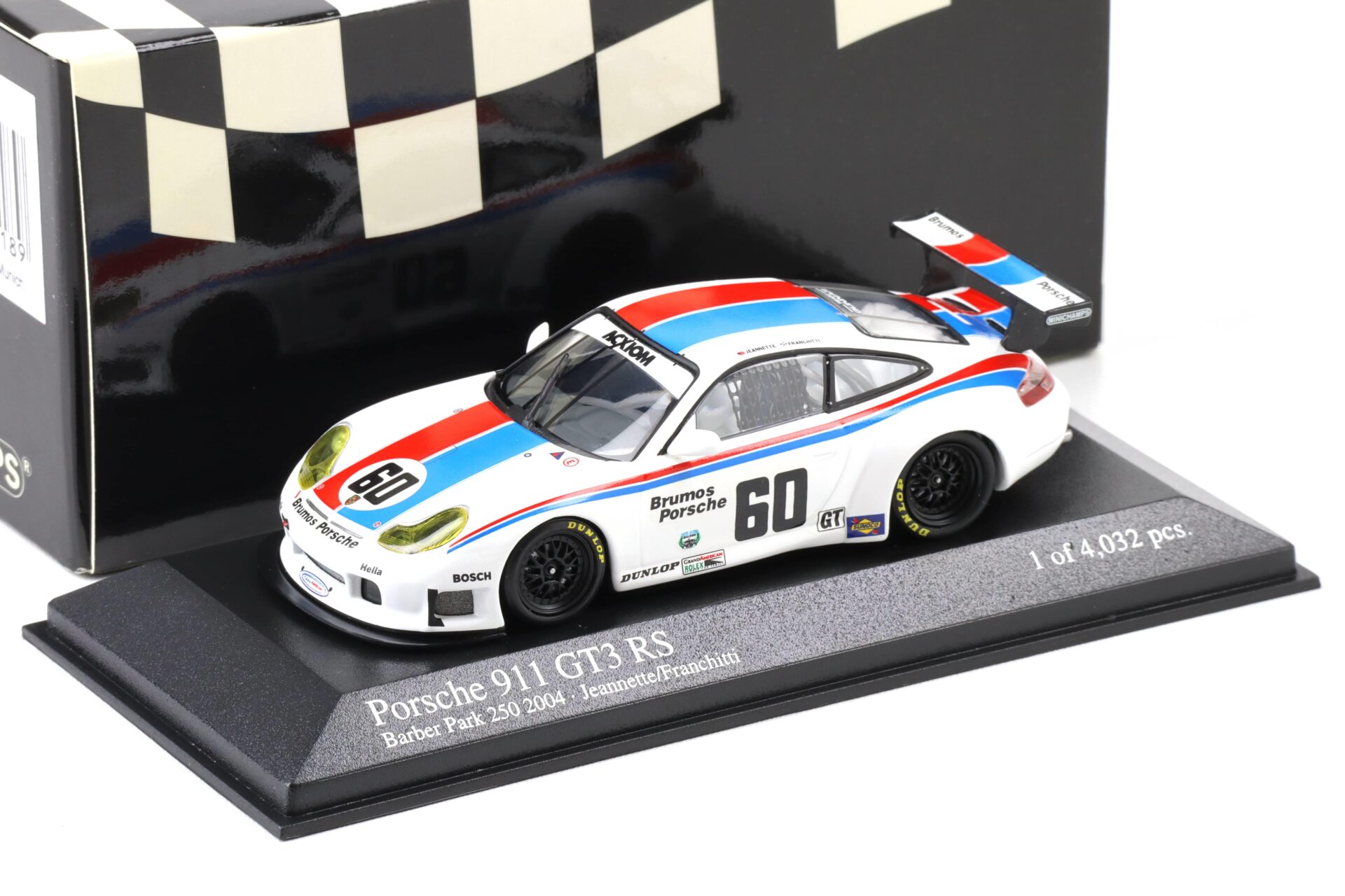 1:43 Minichamps Porsche 911 996 GT3 RS 2004 Barber Park 250 Brunos #60 Franchitti