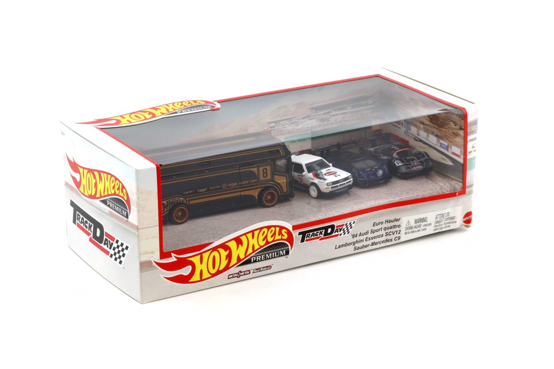 1:64 Hot Wheels Premium Set 2023 Track Day Real Riders 4 Cars Diorama Audi + Lamborghini