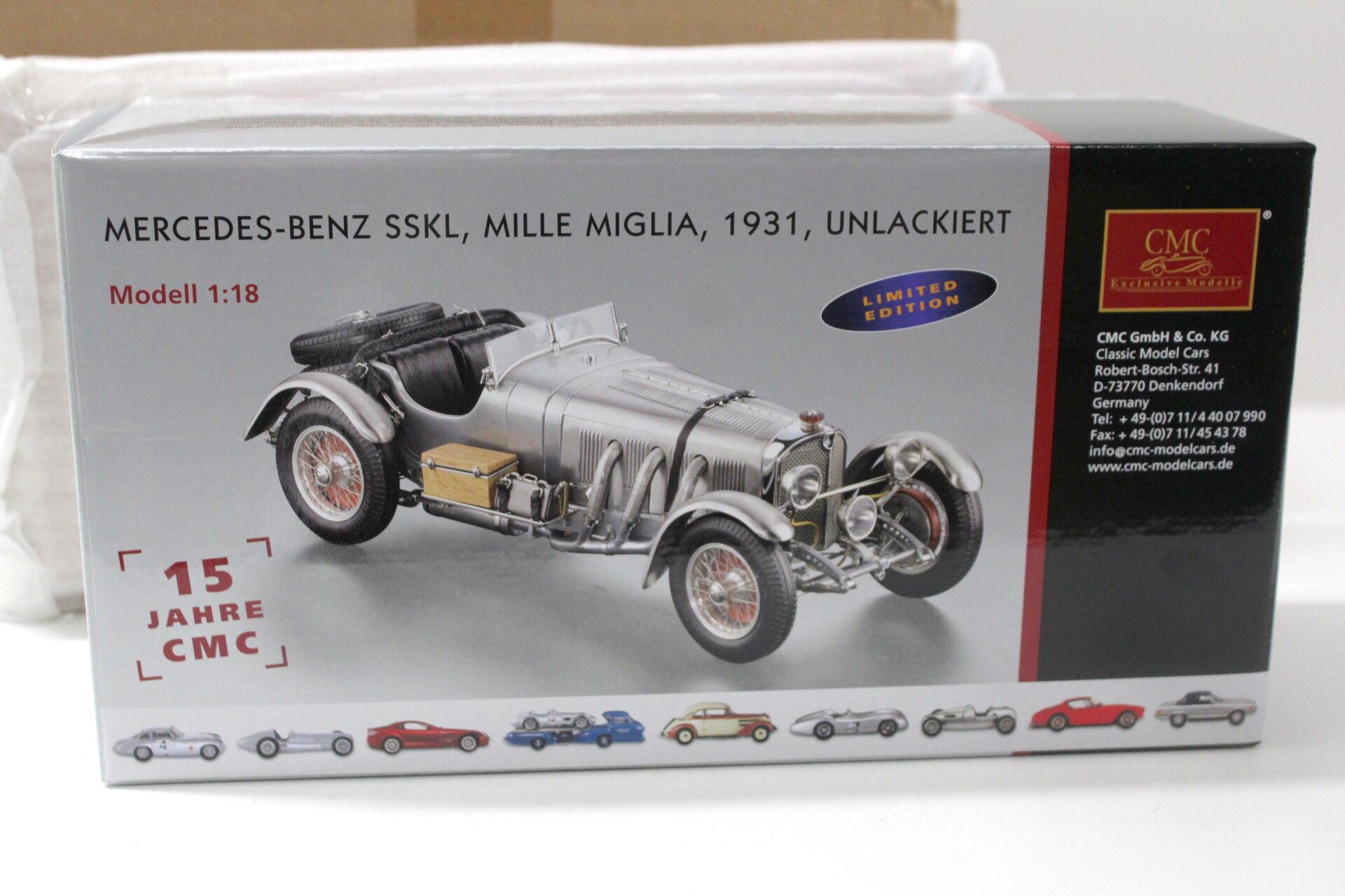 1:18 CMC Mercedes SSKL Mille Miglia 1931 M-087 Jubiläum + Vitrine