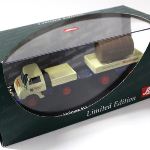 1:43 Schuco Mercedes Unimog 411 mit Anhänger Müller Mitteltal WARSTEINER