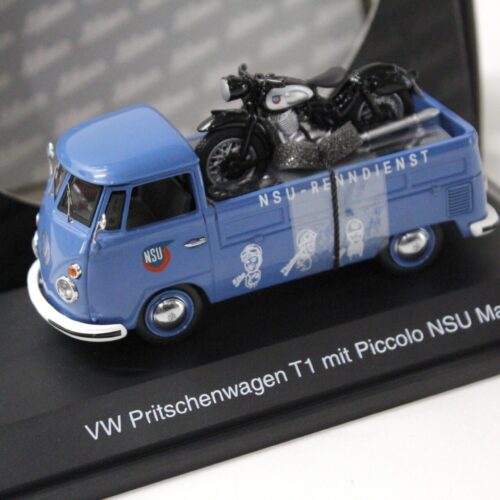 1:43 Schuco VW T1 Pritschenwagen mit Piccolo NSU Max Renndienst blue