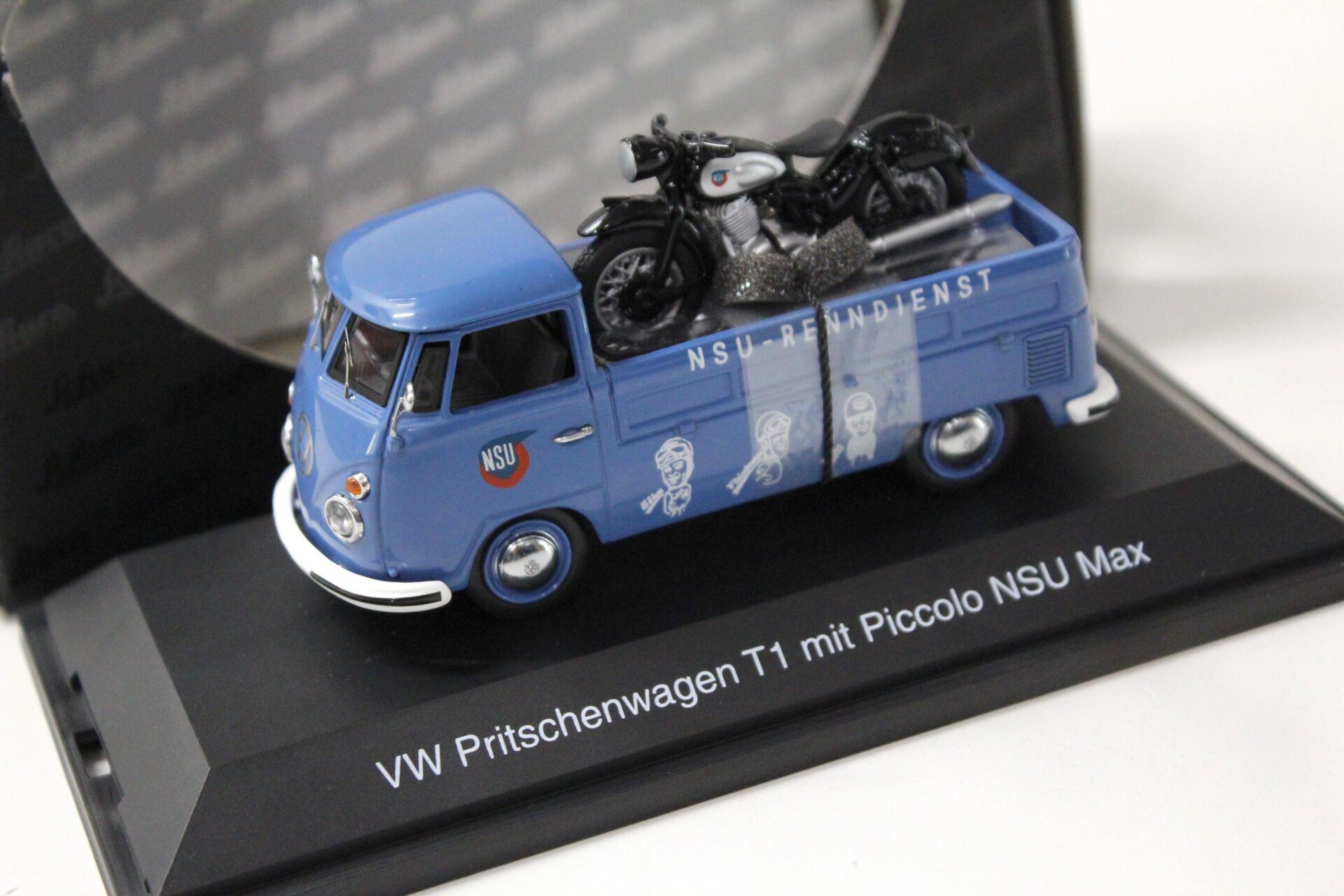 ID 45694 orig 1.jpg 1:43 Schuco VW T1 Pritschenwagen mit Piccolo NSU Max Renndienst blue