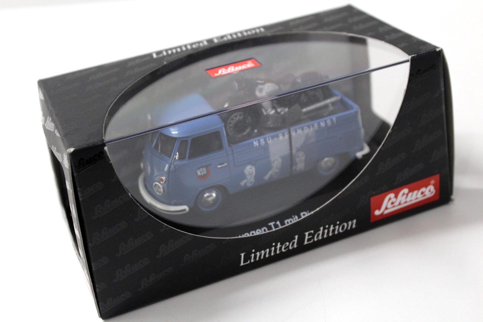 1:43 Schuco VW T1 Pritschenwagen mit Piccolo NSU Max Renndienst blue
