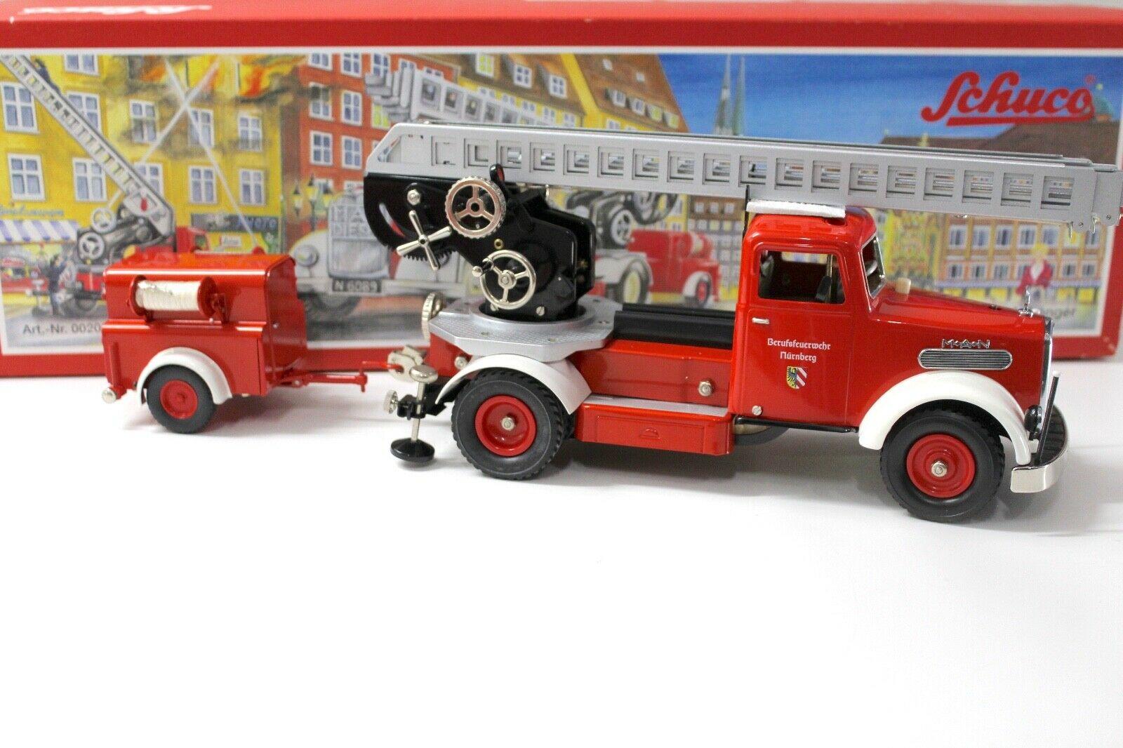 Schuco 00203 Elektro Construction MAN LKW Feuerwehr mit Anhänger red