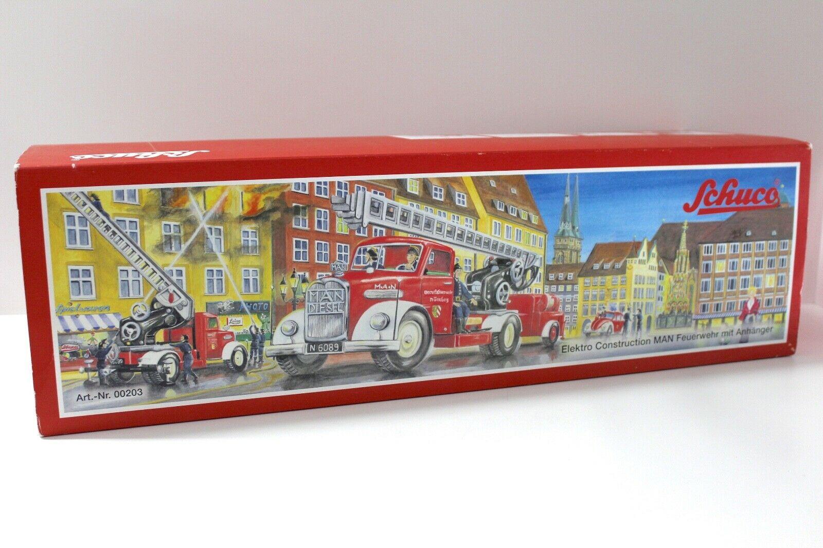 Schuco 00203 Elektro Construction MAN LKW Feuerwehr mit Anhänger red