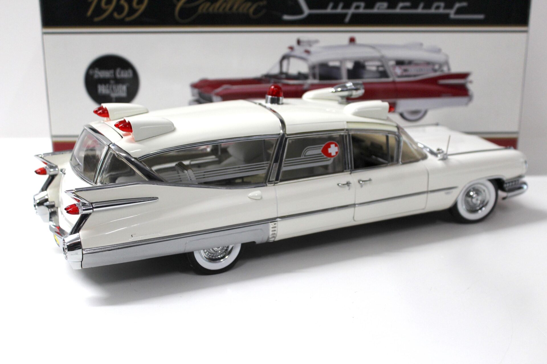 1:18 Precision Miniatures 1959 Cadillac Superior Crown Royal Ambulance white
