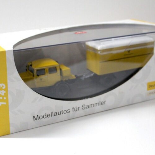 1:43 Schuco Hanomag ST 100 Zugmaschine mit Anhänger Deutsche Post yellow