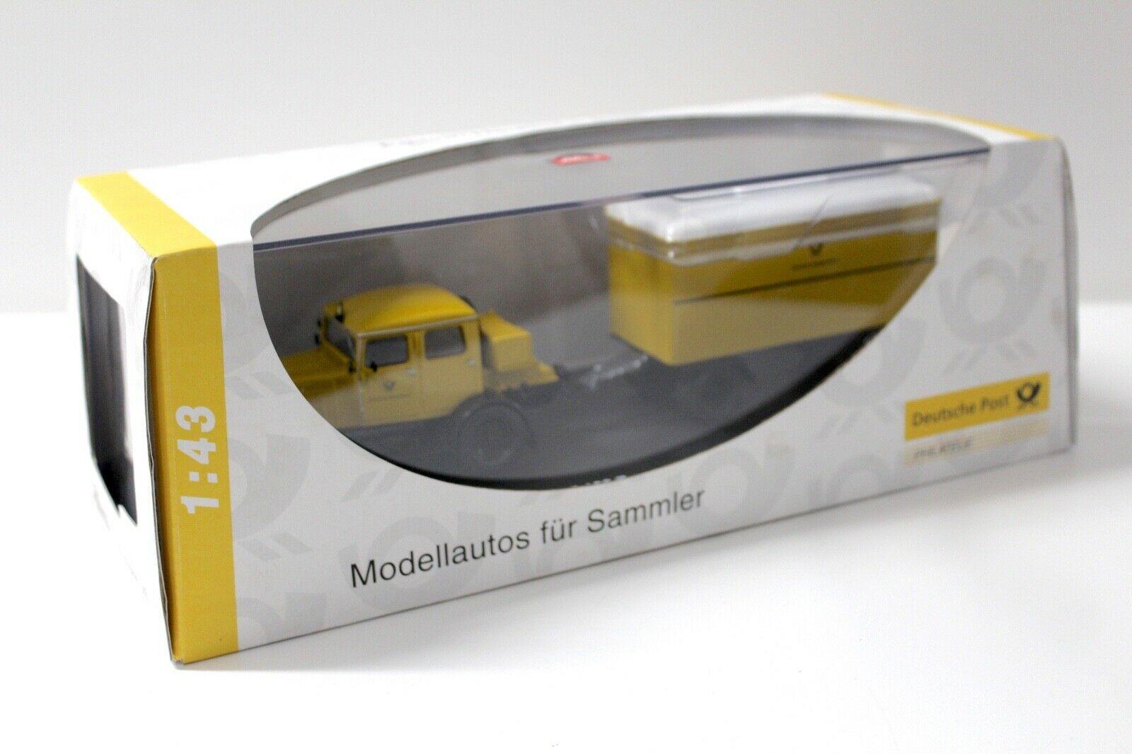 1:43 Schuco Hanomag ST 100 Zugmaschine mit Anhänger Deutsche Post yellow