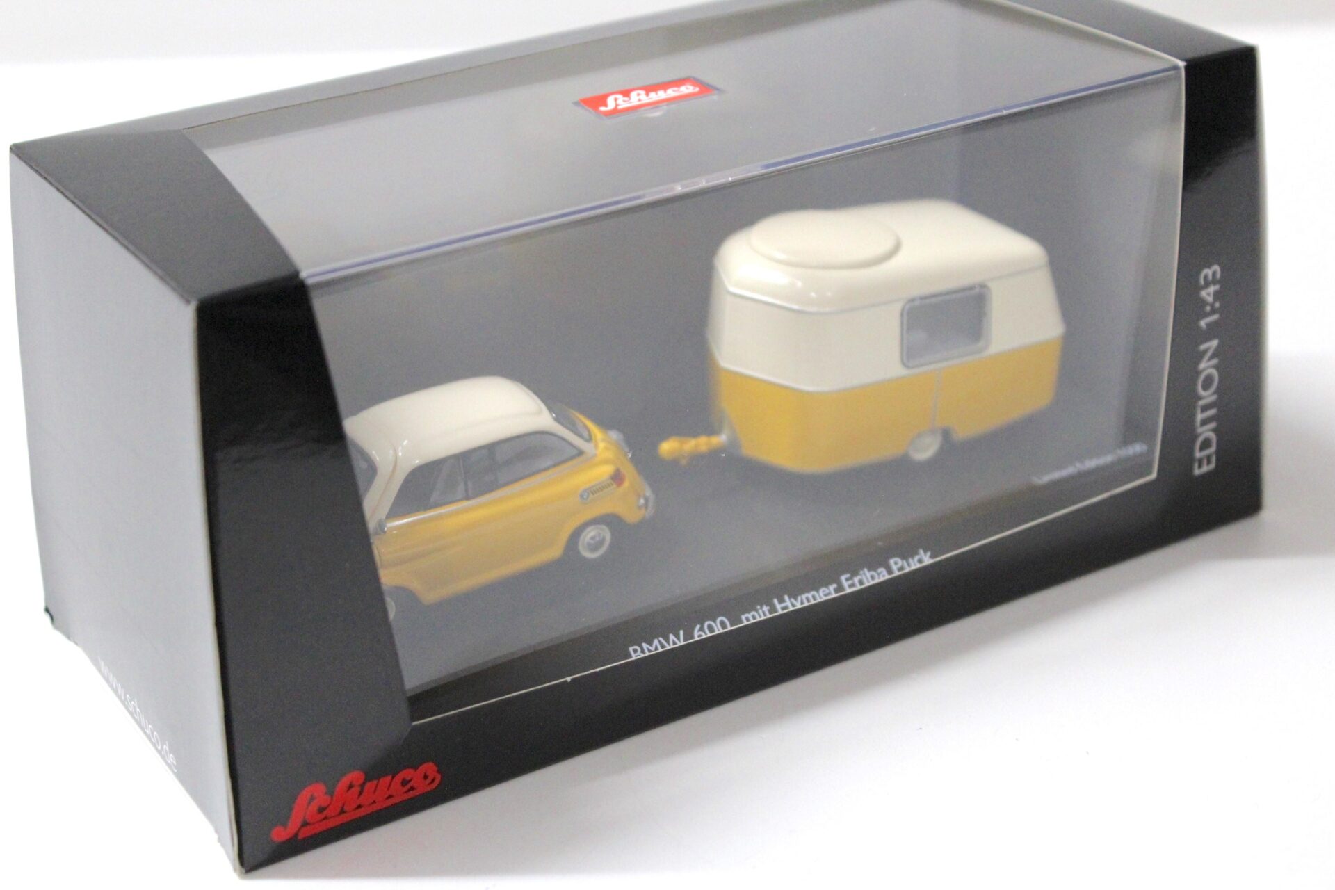 1:43 Schuco BMW 600 mit Hymer Eriba Puck Wohnwagen yellow/ white
