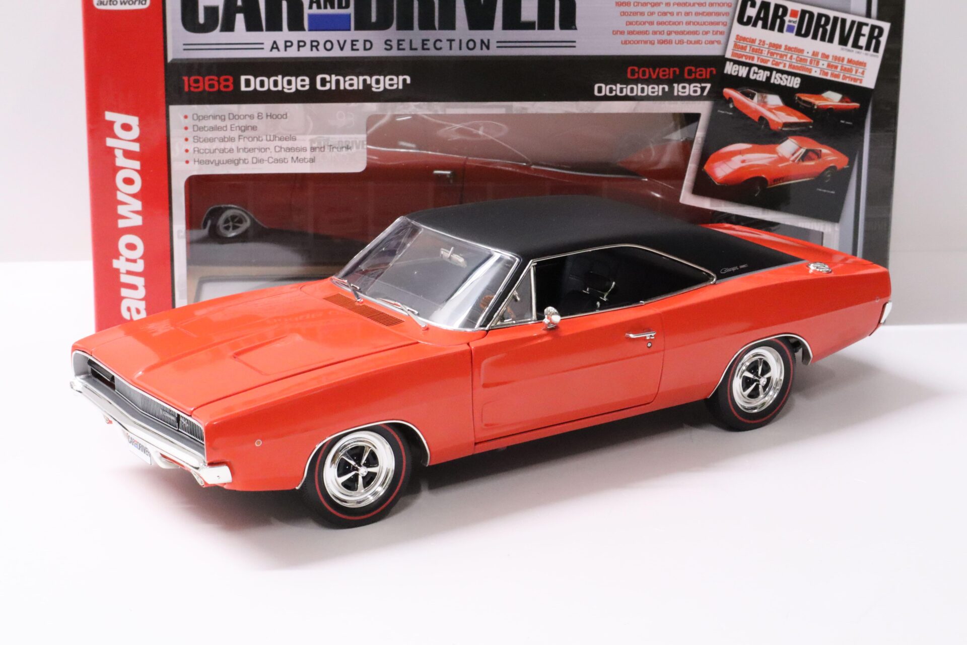 1:18 Auto World 1968 Dodge Charger Coupe orange/ black roof "Car Driver Cover"