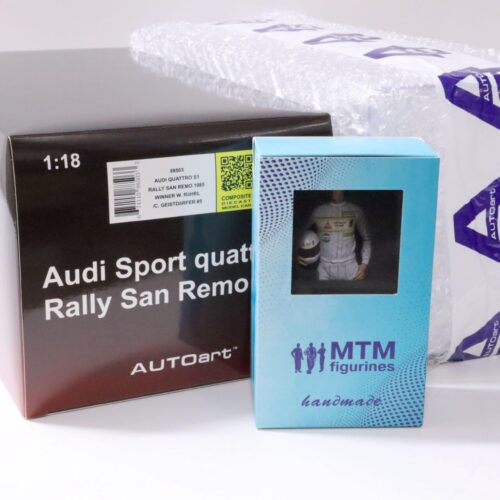 1:18 AUTOart Audi Sport Quattro S1 San Remo #5 Röhrl Sonderset Figur + Vitrine