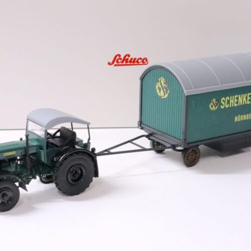 1:32 Schuco Deutz F3 mit Verdeck und Anhänger "Schenker" dark green
