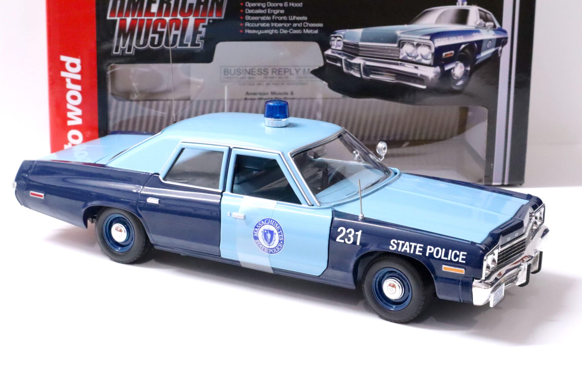 1:18 Auto World 1974 Dodge Monaco Massachusetts State Police blue