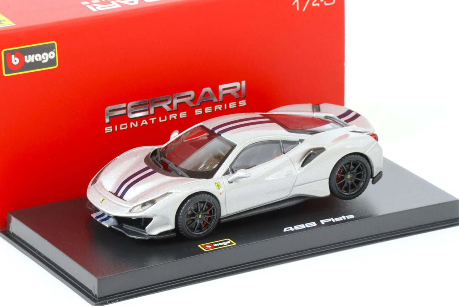 1:43 Bburago Signature Ferrari 488 Pista Coupe silver/ blue stripes ...
