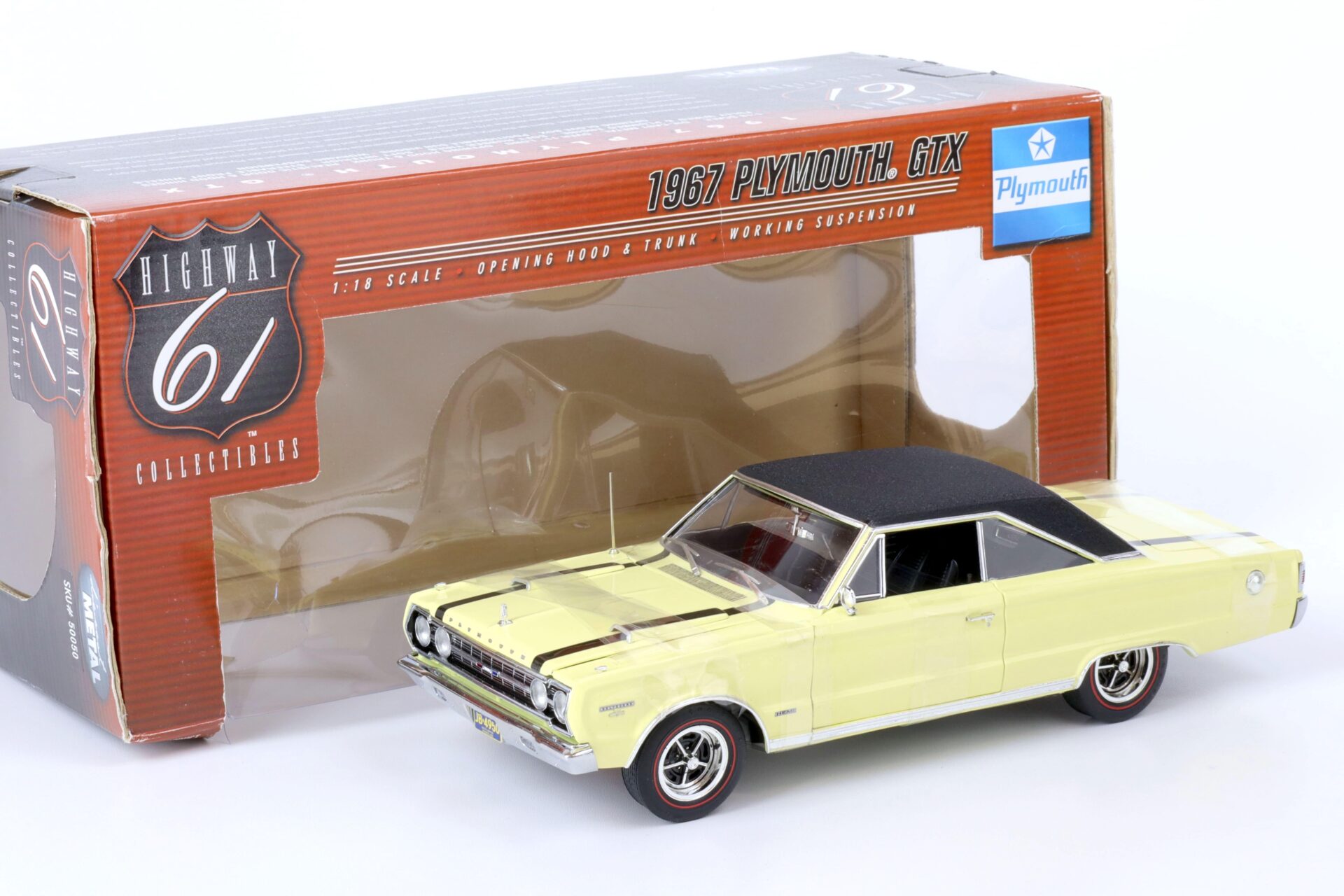 (A6A296) 1:18 Highway61 Plymouth GTX 1967 yellow/ black roof