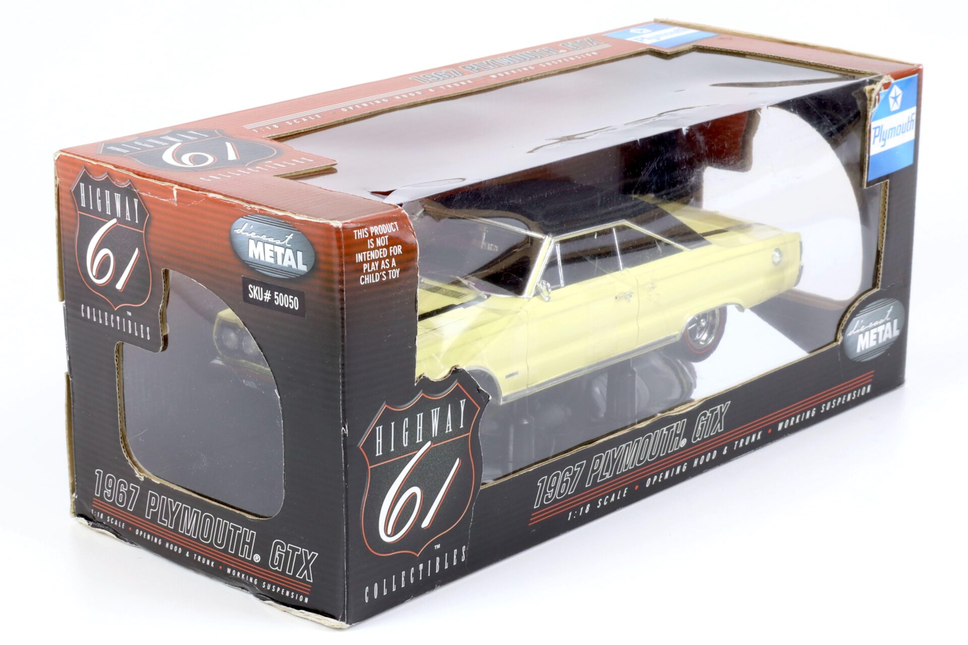 (A6A296) 1:18 Highway61 Plymouth GTX 1967 yellow/ black roof