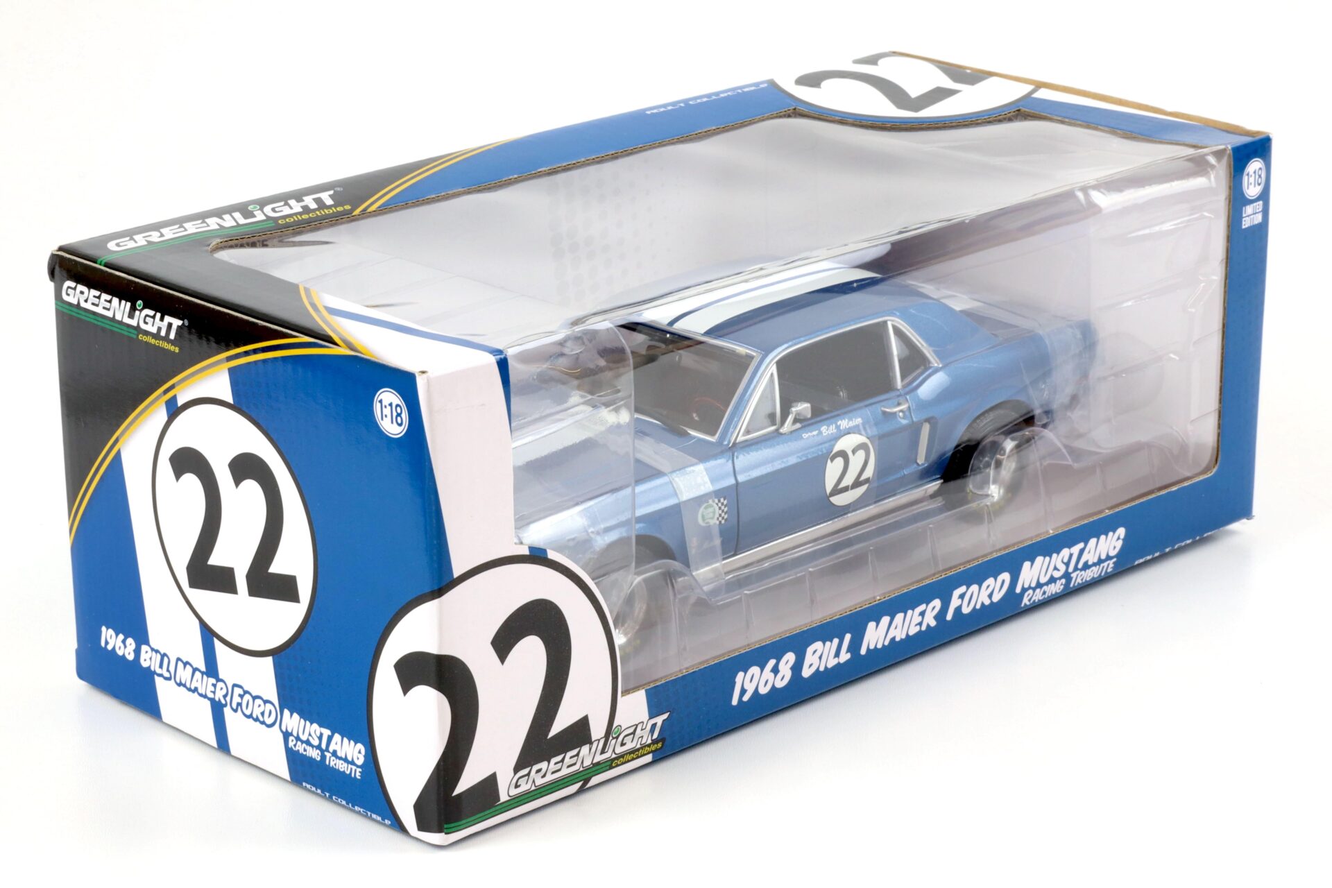1:18 Greenlight 1968 Bill Maier Ford Mustang Racing Tribute #22 blue/ white