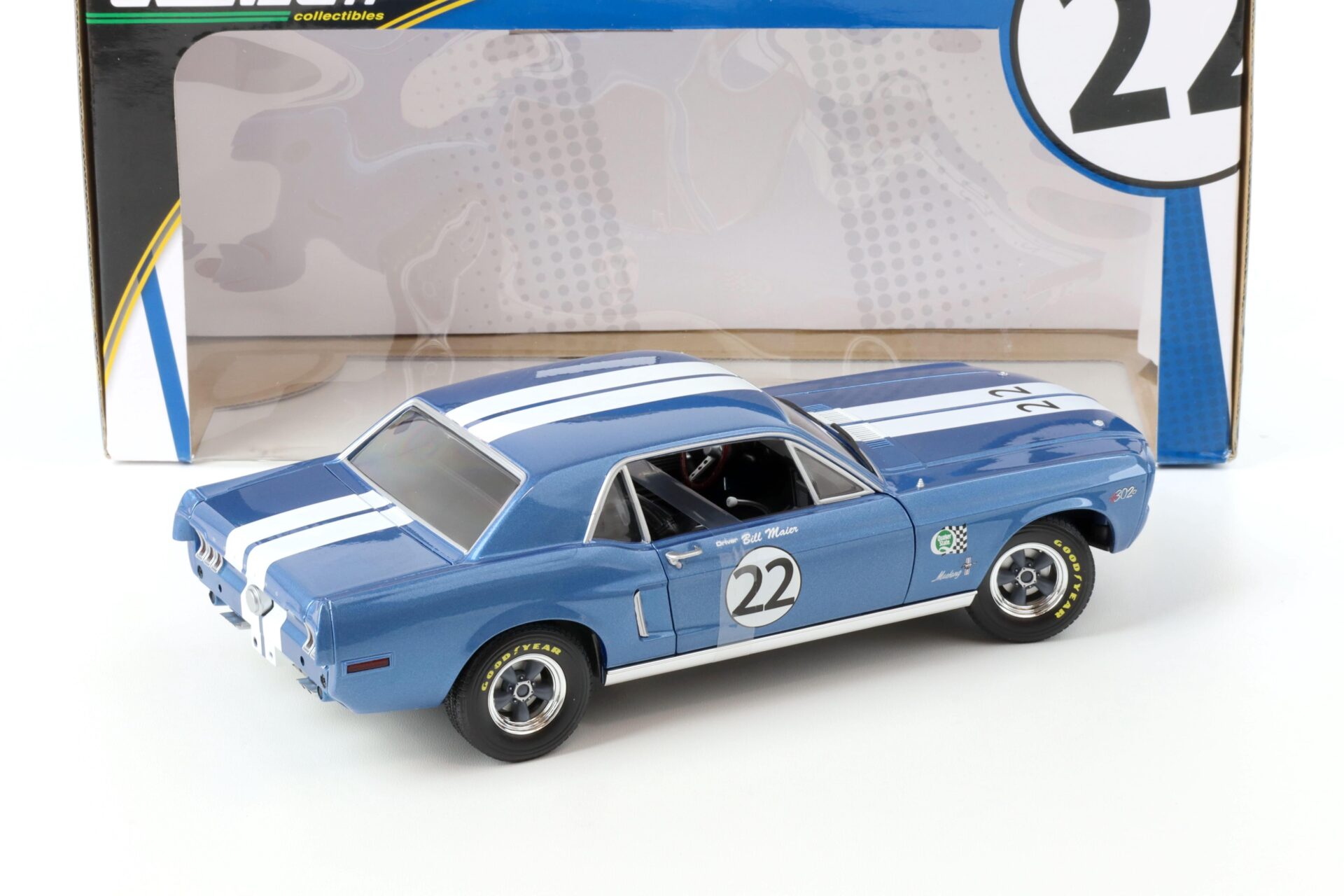 1:18 Greenlight 1968 Bill Maier Ford Mustang Racing Tribute #22 blue/ white