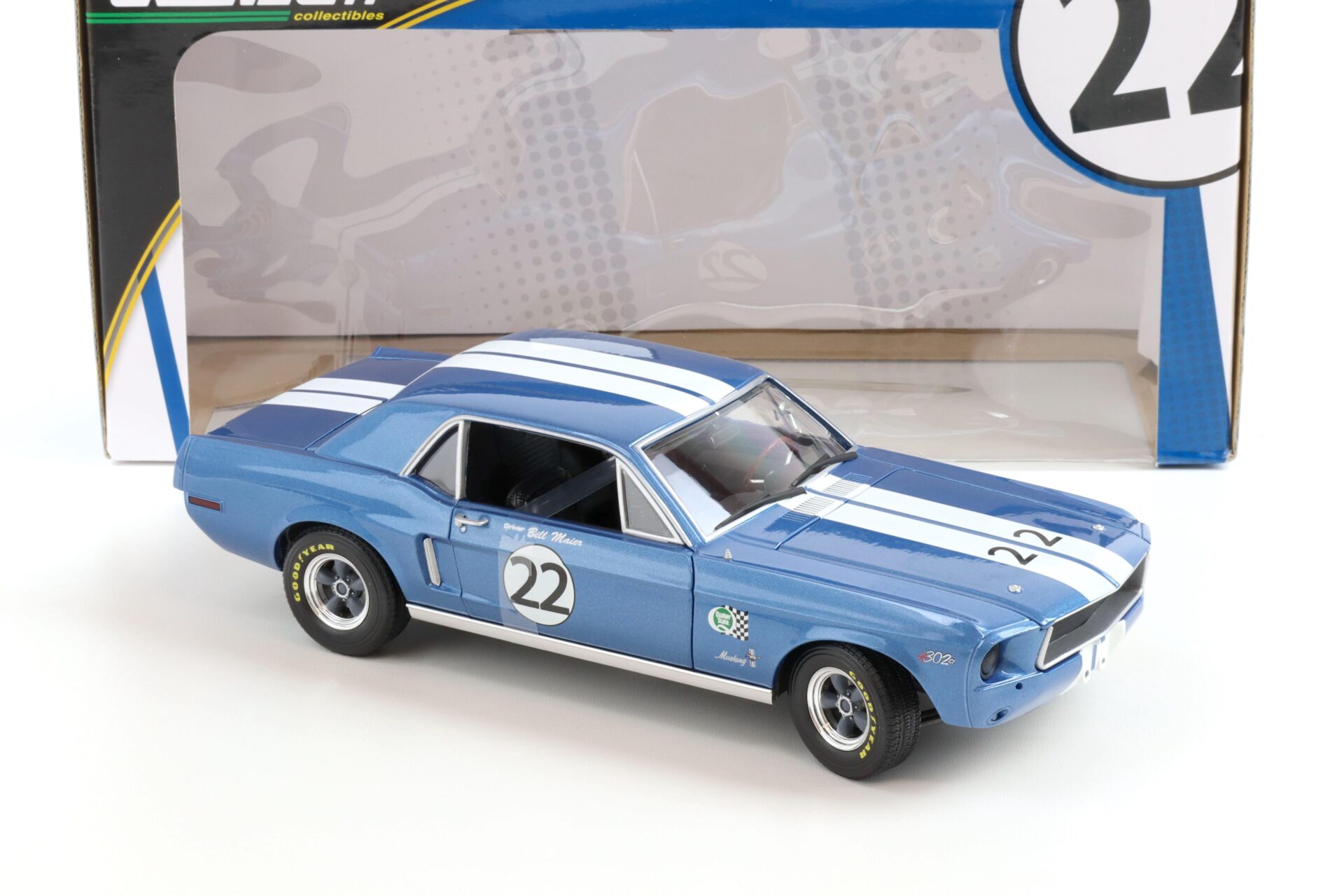 1:18 Greenlight 1968 Bill Maier Ford Mustang Racing Tribute #22 blue/ white