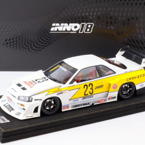 1:18 INNO Models Nissan Skyline GT-R (R34) LBWK Super Silhouette Hoshino #23 white/yellow