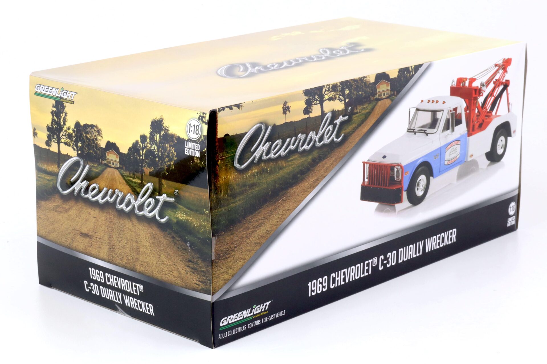 1:18 Greenlight 1969 Chevrolet C-30 Dually Wrecker Abschlepper HAZZARD Country Garage