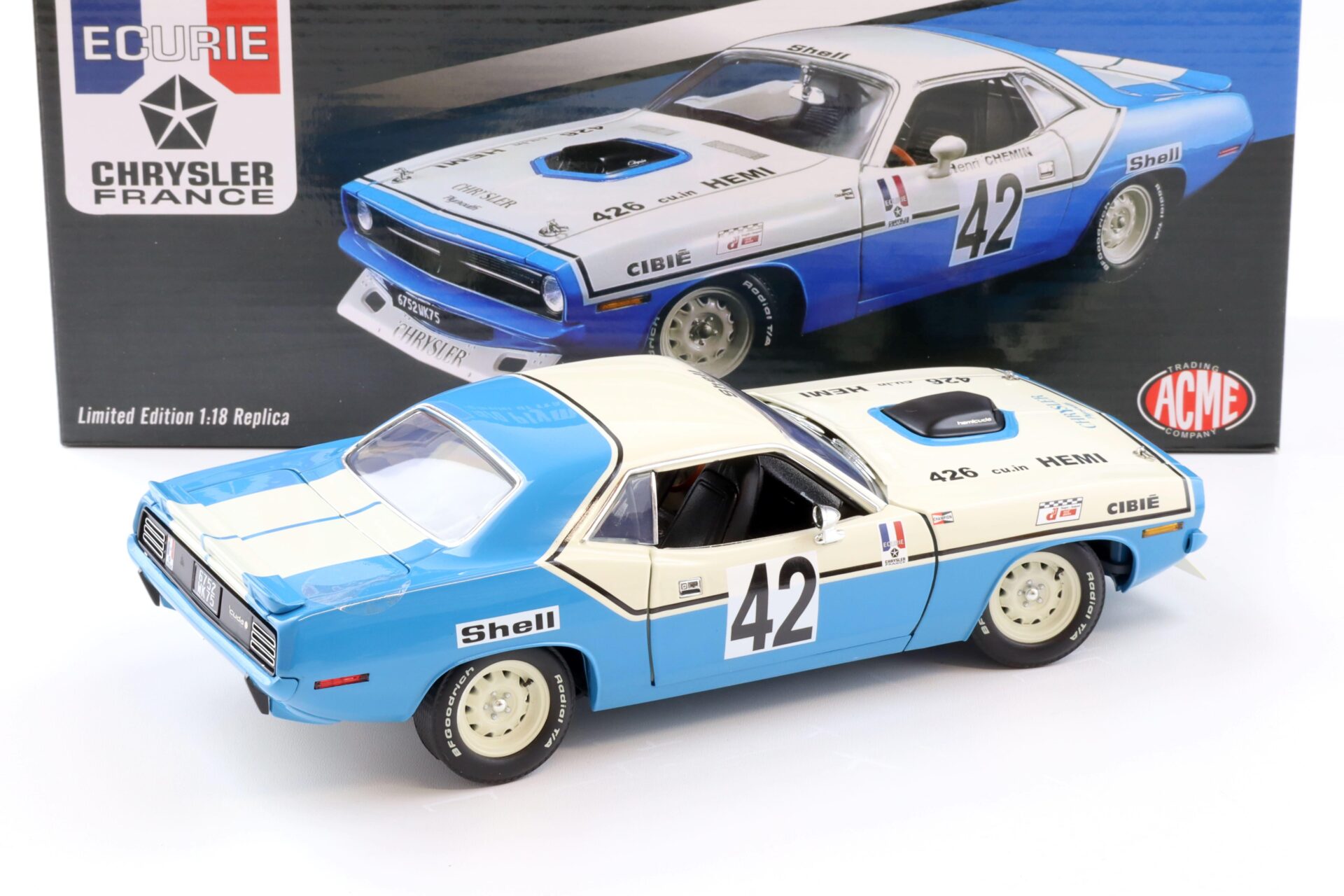 1:18 ACME 1970 Plymouth Barracuda #42 Chrysler of France Henri Chemin #42