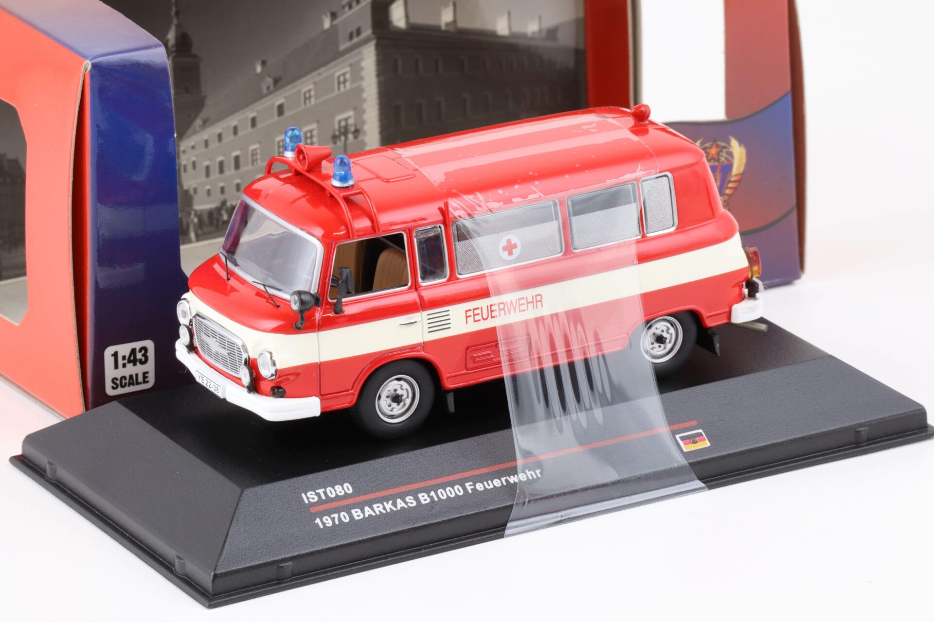1:43 IST Models 1970 Barkas B1000 Bus FEUERWEHR red/ white