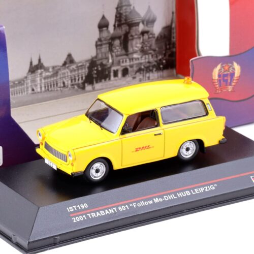 1:43 IST Models 2001 Trabant 601 Follow-Me DHL Hub Leipzig yellow