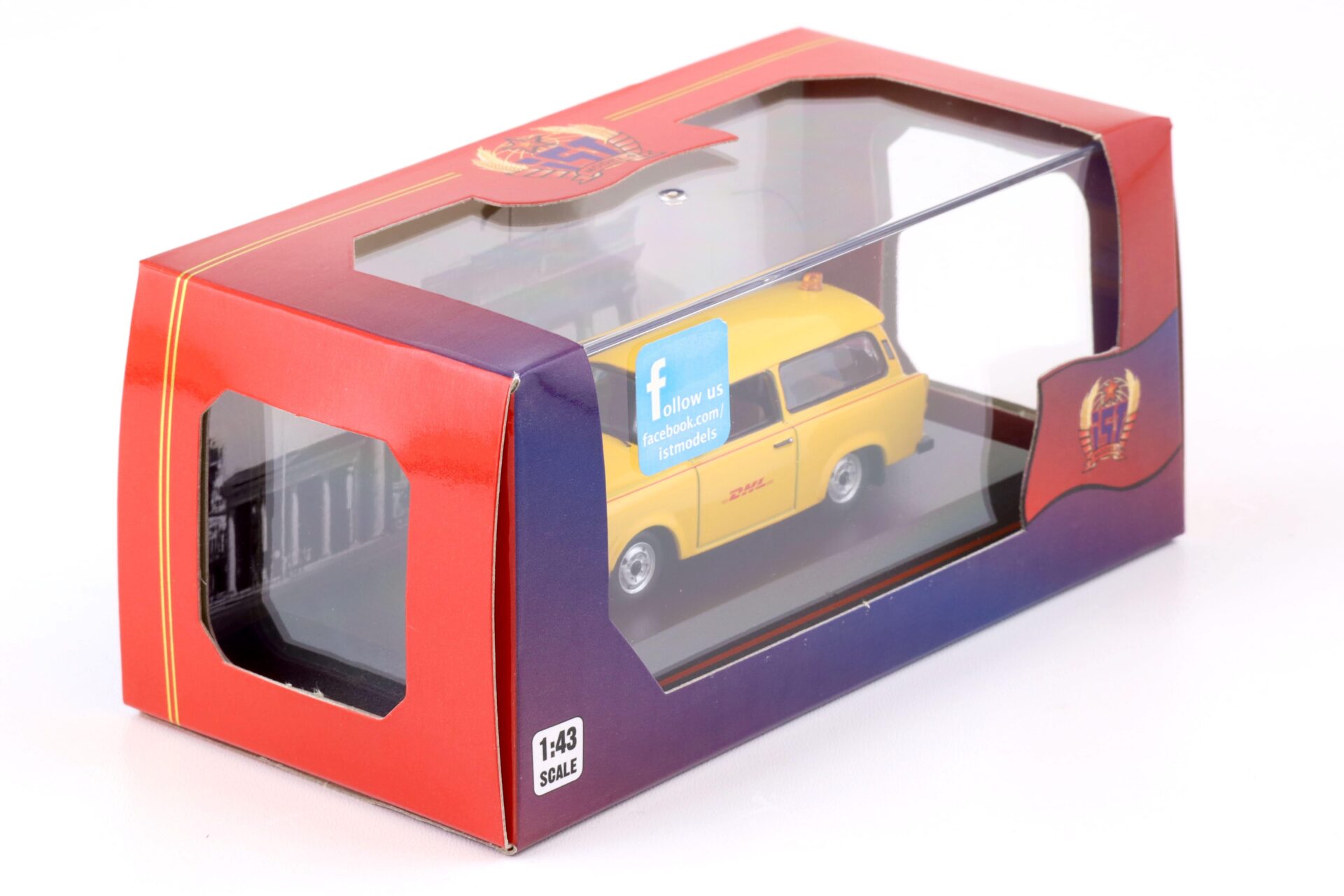 1:43 IST Models 2001 Trabant 601 Follow-Me DHL Hub Leipzig yellow