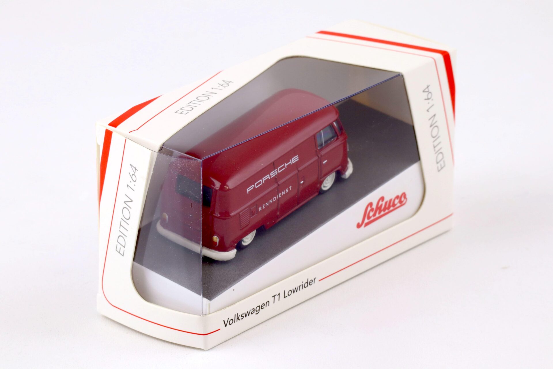 1:64 Schuco VW T1 Bus Lowrider Porsche Renndienst red