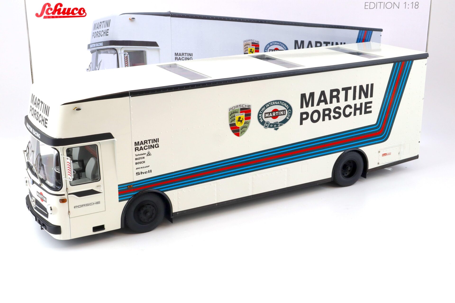 1:18 Schuco Mercedes O317 Renntransporter MARTINI PORSCHE white