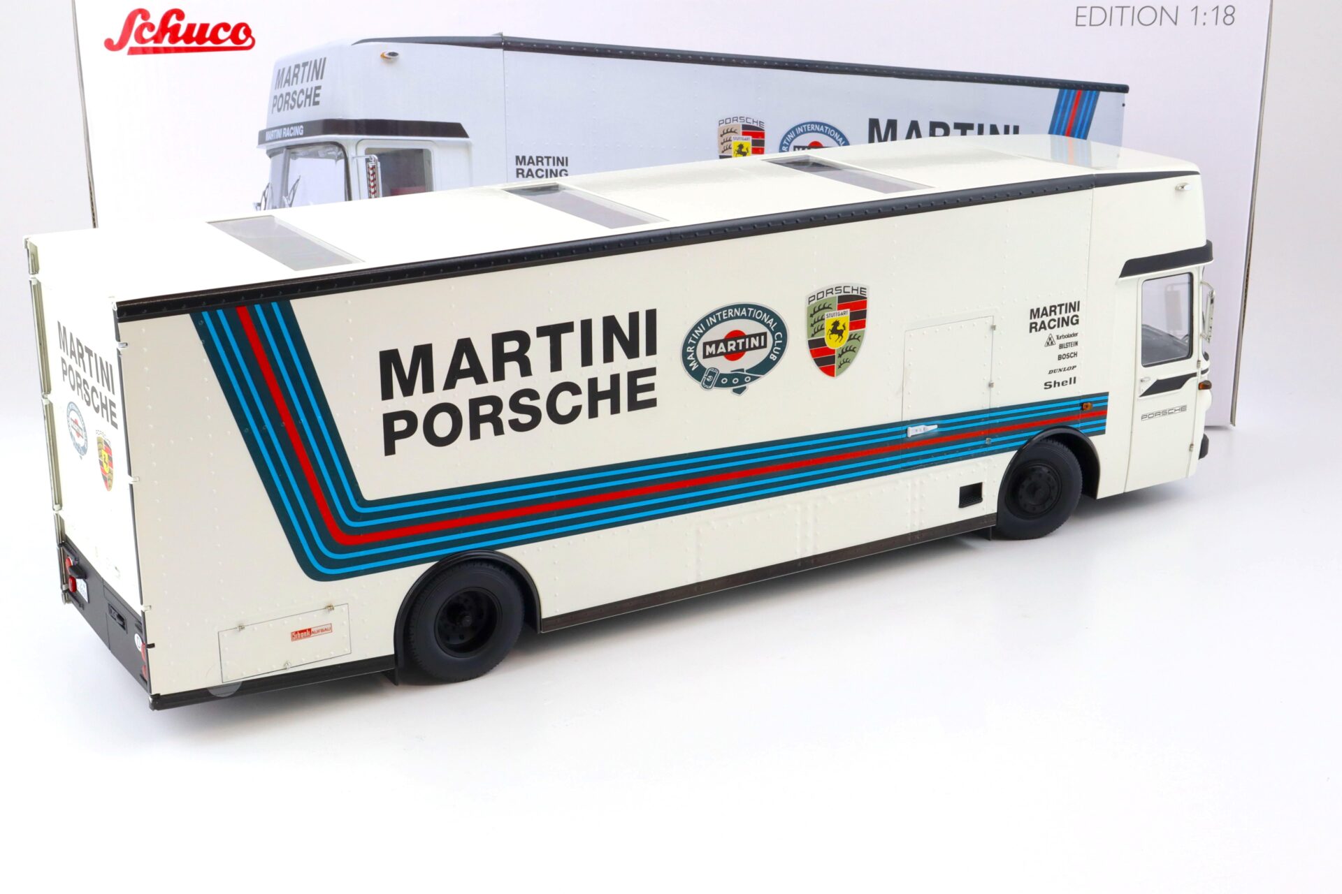 1:18 Schuco Mercedes O317 Renntransporter MARTINI PORSCHE white